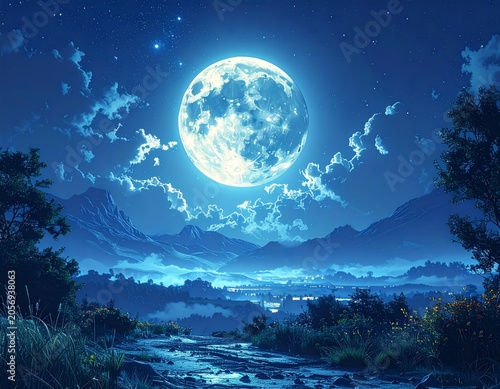 Glowing moonlit landscape scene