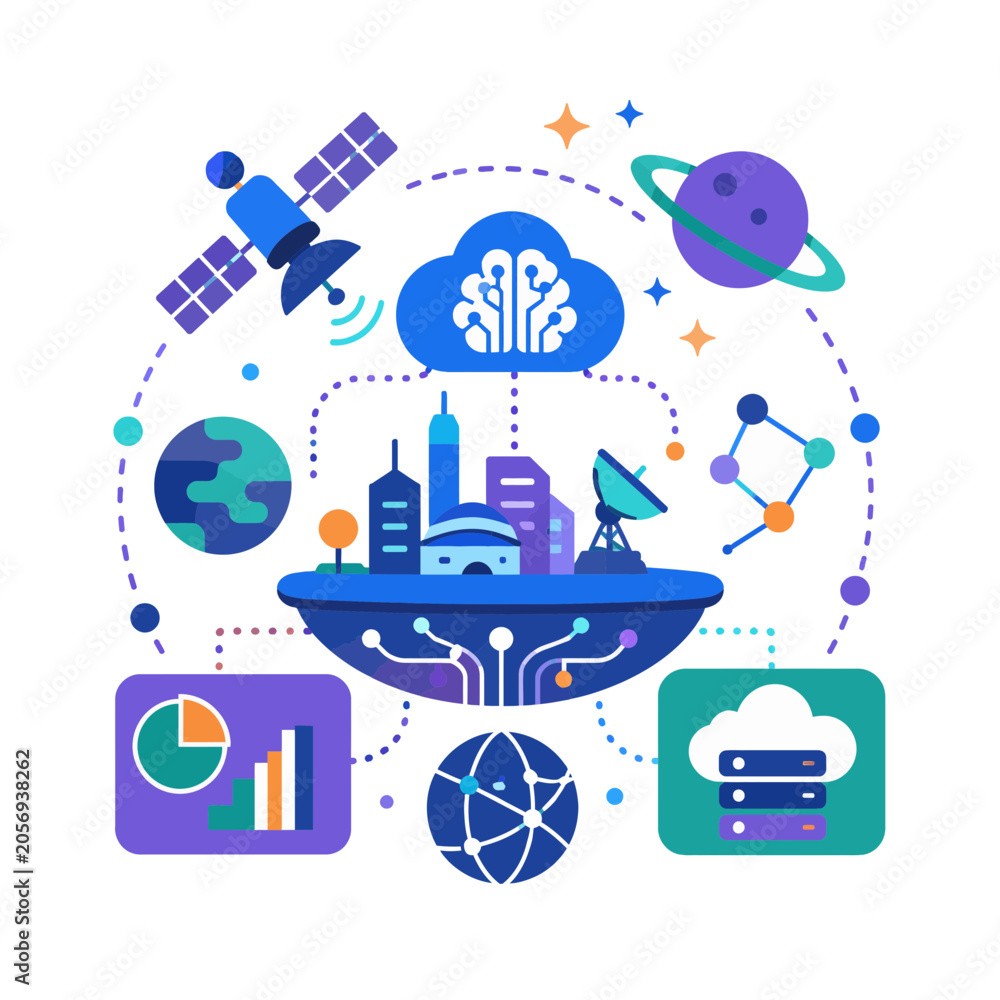 Fototapeta premium Digital technology ecosystem innovation icon featuring global connectivity cloud computing satellite data analytics and smart urban infrastructure
