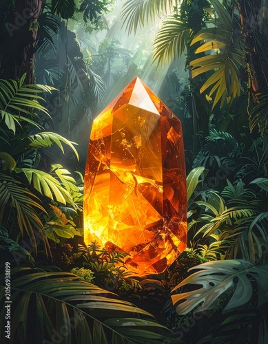 Glowing crystal in verdant jungle