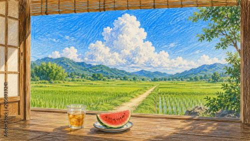 Bright Japanese Midsummer View from Engawa with Watermelon and Rice Fields