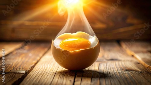 A close-up of a cracked egg with a bright yellow yolk and steam
