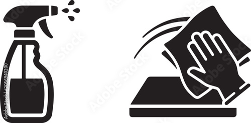 Принти на полотні Art & Illustration, Solid black icon set showing a household trigger spray bottle next to a hand actively wiping a surface with a cleaning cloth