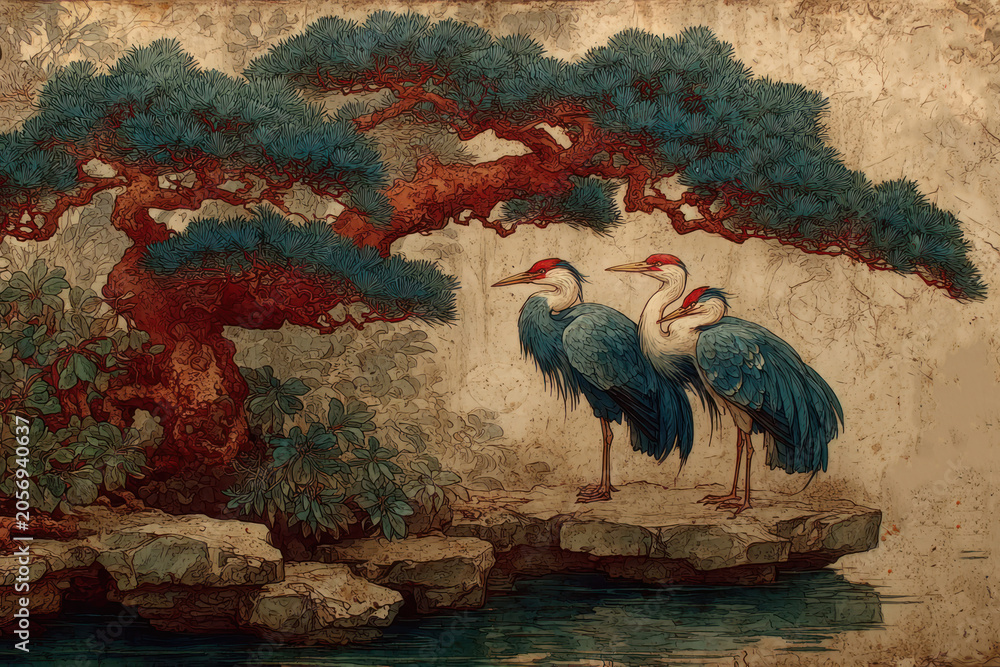 Fototapeta premium Elegant Cranes Under Stylized Pine Tree, Japanese-Inspired Vintage Art Scene
