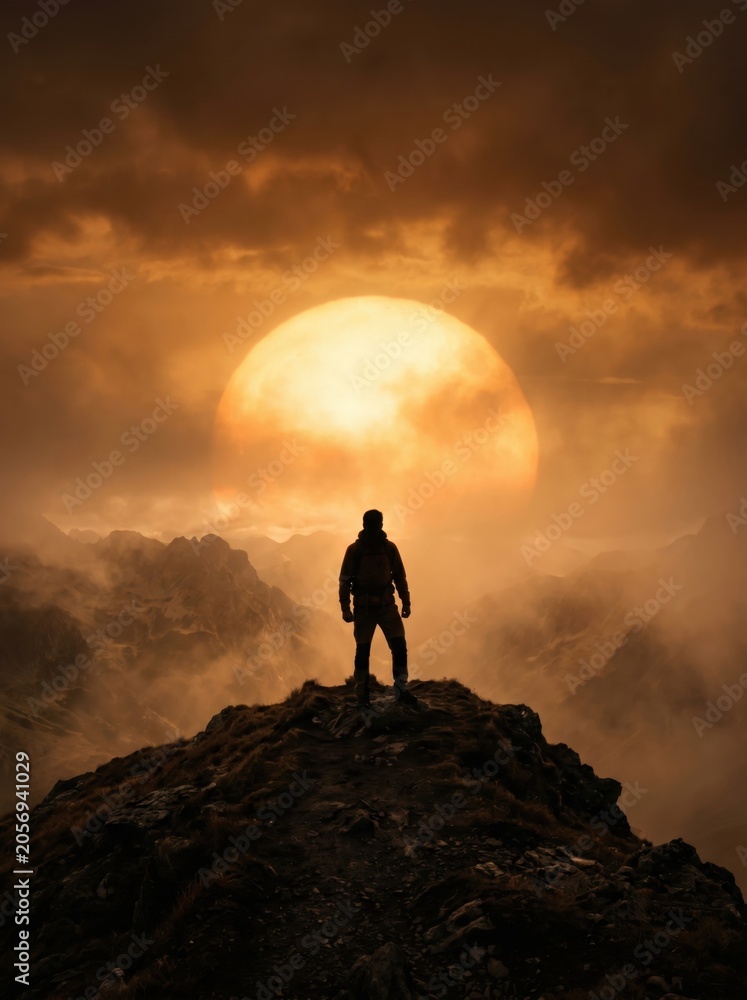 Obraz premium A dark silhouette of a lone figure stands before a distant city skyline under a massive glowing sun within thick warm monochromatic atmospheric volumetric fog