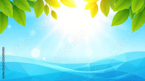 Sunny, bright landscape with leaves framing blue sky and geometric water