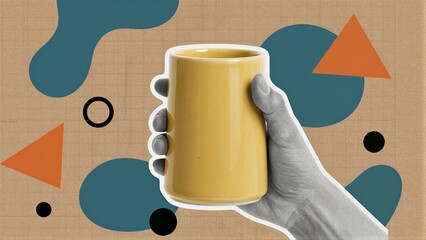 Hand holds yellow mug against colorful geometric background with abstract shapes.