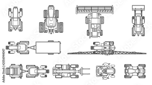 Set of agricultural machinery icons in top view line art style.