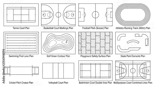Set of architectural line drawings showing various sports court and field layouts.