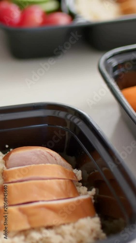 Vertical video: Panning camera showing black box on white table with grain meat and veg for meals