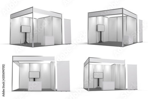 Standard Exhibition booth set with counter and roll up banner isolated on background 3d rendering