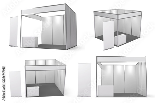 Standard Exhibition booth set with counter and roll up banner isolated on background 3d rendering