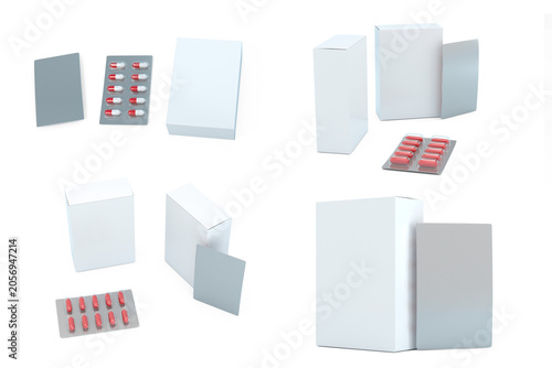 Set of white cardboard box with capsules pills in blister packs 3d rendering mockup