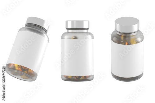 Fish oil supplement bottle set with golden cap mockup 3d rendering on transparent background