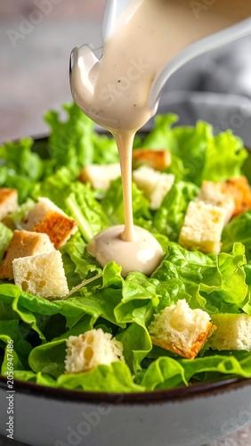 A bowl of fresh green lettuce topped with croutons and being drizzled with creamy dressing