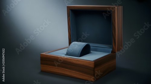 Luxury wooden watch box with open lid and velvet cushion isolated on dark background 3d rendering