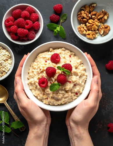 A bowl of oatmeal with raspberries and nuts on a dark surface