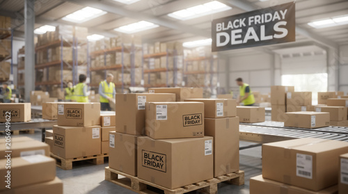 Close up of cardboard boxes on pallets with Black Friday Deals banner
