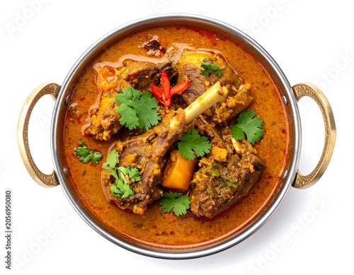A bowl of savory lamb curry garnished with herbs and chili peppers