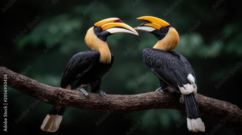 Fototapeta premium Majestic Hornbills Engaging in Courtship on a Branch