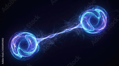 Quantum entanglement visualized with glowing spheres connected by energy
