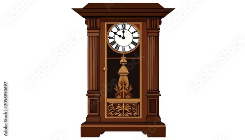 A brown grandfather clock with gold accents and white clock face