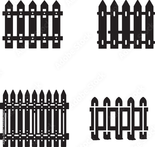 Set of Garden Fence Icons, Wooden Picket and Property Border Silhouettes
