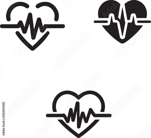 Set of Heartbeat Icons, Medical Pulse and Cardio Health Line Silhouettes