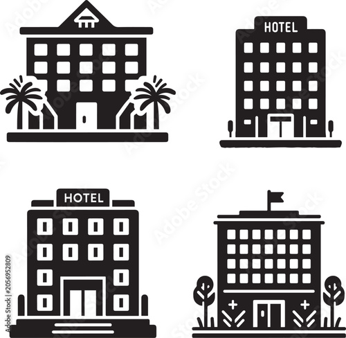 Set of Hotel Icons, City Building and Real Estate Silhouettes