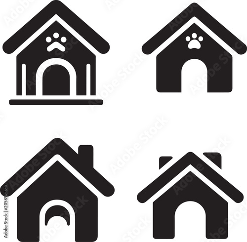 Set of Dog House Icons, Pet Kennel and Animal Shelter Silhouettes