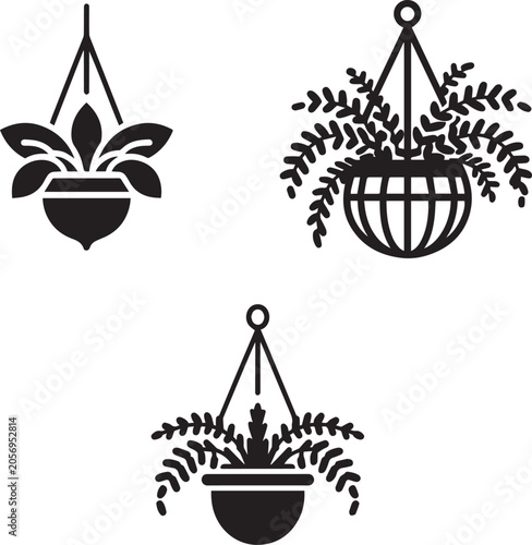 Set of Hanging Plant Icons, Flower Basket and Houseplant Silhouettes