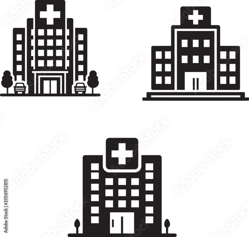 Set of Hospital Icons, Medical Clinic and Healthcare Building Silhouettes