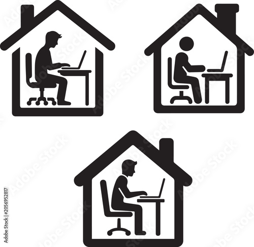 Set of Working from Home Icons, Remote Office and Freelancer House Silhouettes