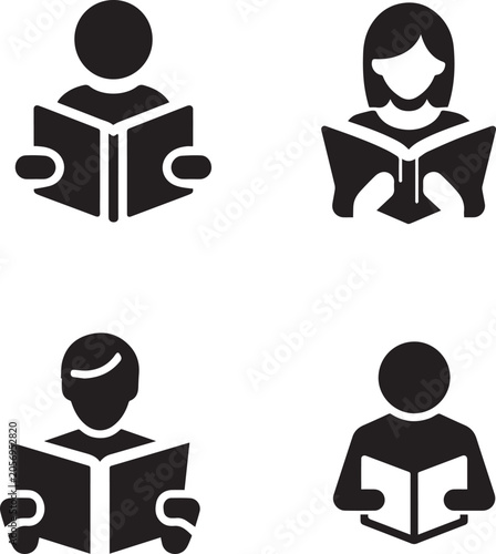 Set of Reading Book Icons, Student Study and Education Library Silhouettes