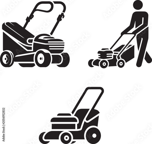Set of Lawnmower Icons, Garden Grass Cutting and Yard Care Silhouettes