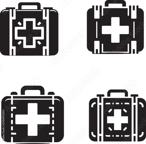 Set of First Aid Kit Icons, Medical Briefcase and Emergency Doctor Bag Silhouettes