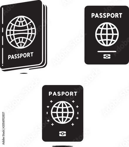 Set of Passport Icons, International Travel and Citizenship Document Silhouettes