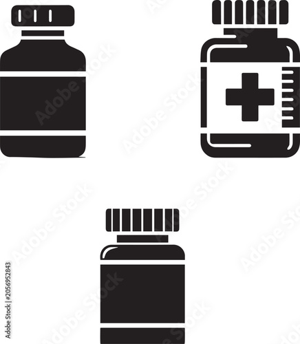 Set of Medicine Bottle Icons, Medical Pharmacy and Vitamin Container Silhouettes