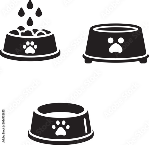 Set of Pet Food Bowl Icons, Dog and Cat Feed Dish Silhouettes