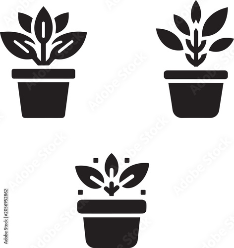Set of Potted Plant Icons, Houseplant and Garden Flowerpot Silhouettes