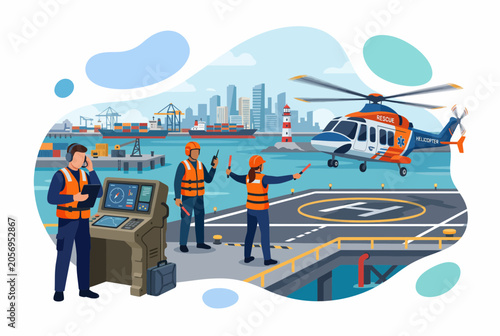 Emergency Rescue Team Coordinating Helicopter Landing at Port