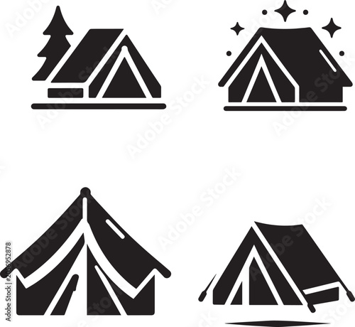 Set of Camping Tent Icons, Outdoor Adventure and Tourist Shelter Silhouettes