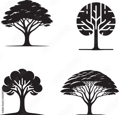 Set of Tree Icons, Green Nature and Forest Plant Silhouettes