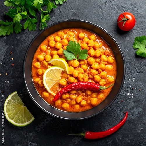 A bowl of vibrant orange chickpea curry garnished with herbs and spices on a dark surface