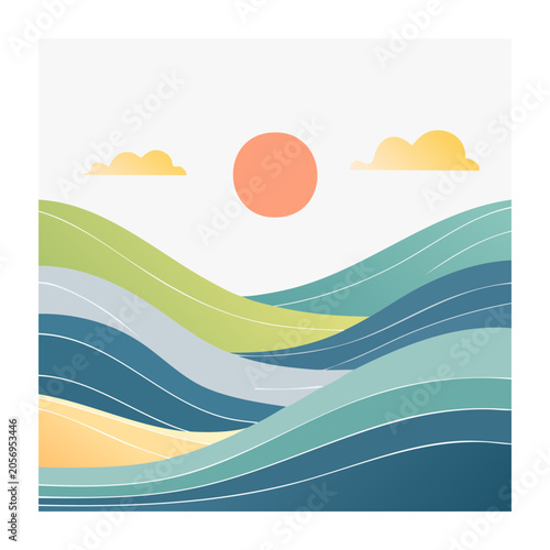 Abstract blue green yellow wave design with sun