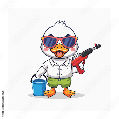Cartoon firefighter holding hose and hydrant
