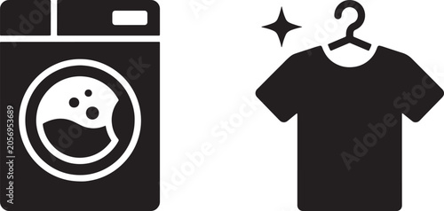 Art & Illustration, Solid black icon set showcasing an automatic front-load washing machine next to a clean casual t-shirt hanging on a coat hanger with sparkle symbols.