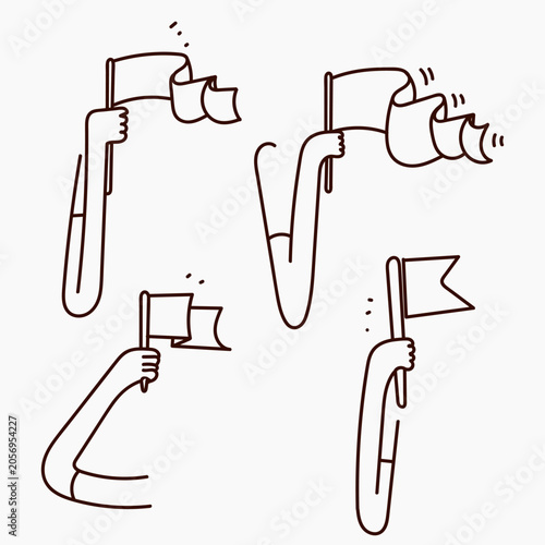 Hand drawn doodle illustration set featuring hands holding and waving flags. for leadership, success, location marker, celebration, goal achievement, and start up business concepts