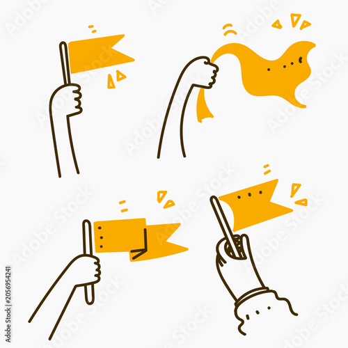 Hand drawn doodle illustration set featuring hands holding and waving flags. for leadership, success, location marker, celebration, goal achievement, and start up business concepts