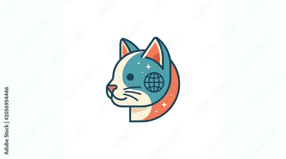 Fototapeta premium Minimalist Cat Profile Icon with Global Earth Symbol