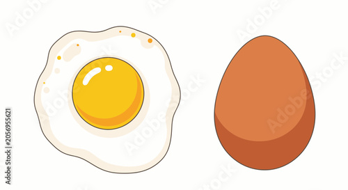 An illustration shows a fried egg and a brown whole egg side by side on a plate.